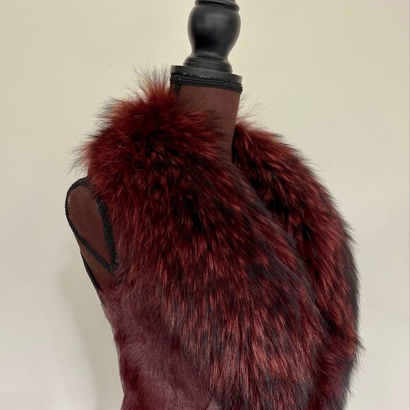 NWOT Burgundy Brown Leather Vest Real Fox Fur S size - Picture 15 of 16